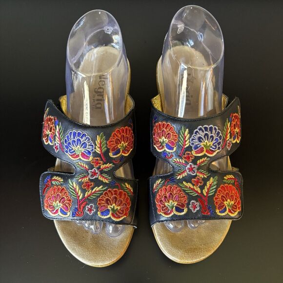 Alegria Linn Black Leather Embroidered Floral Sandals Women's Size 8 US, 38 EU - Picture 3 of 9